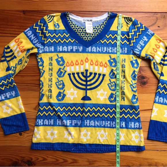 Faux Real Blue Gold Hanukkah Sweater, EUC, M/L - Picture 7 of 10
